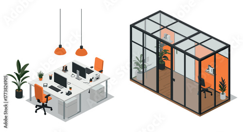 Modern office workspace with glass meeting pod and desk setup in isometric design