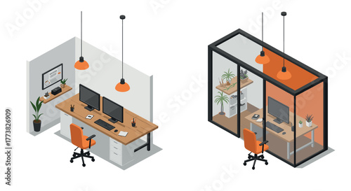 Modern isometric home office and private workspace design with orange accents
