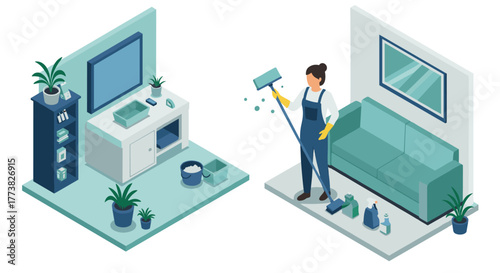 Isometric home cleaning scene with woman mopping in modern living room