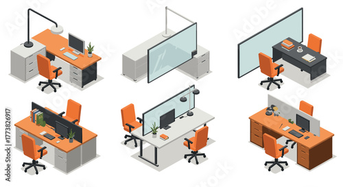 Modern office desk setups with orange chairs and minimalist design in isometric style