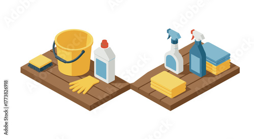 Isometric cleaning setup with bucket, gloves, and spray bottles on wooden boards