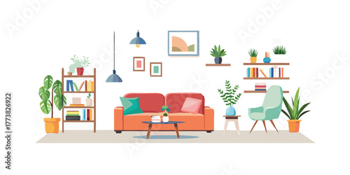 Home Interior Vector Illustration with Furniture, Plants, and Decor