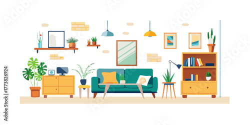 Home Interior Vector Illustration with Furniture, Plants, and Decor