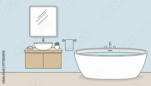 Minimalist Bathroom Interior Vector Illustration in Outline and Fill Hybrid Style with Bathtub, Sink, and Mirror Design