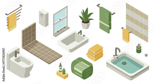 Modern bathroom essentials in isometric style for interior design inspiration