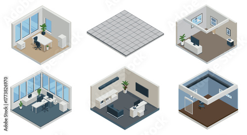 Isometric office interiors modern workspace designs and layouts