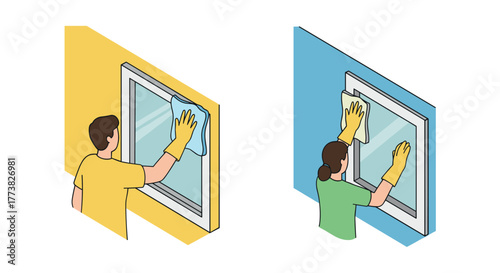 People cleaning windows isometric home chore illustration with two characters