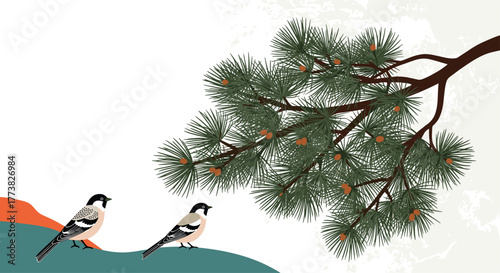 A serene winter illustration showcasing two charming birds perched on a minimalist hill, beneath the richly detailed green needles and brown cones of a pine tree branch.