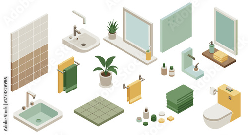 Modern bathroom accessories and fixtures in isometric design