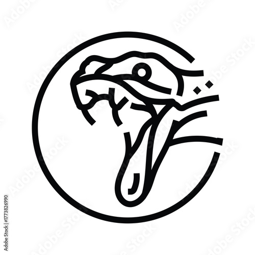 Striking stylized snake head inside a circle Mouth open with visible fangs and tongue