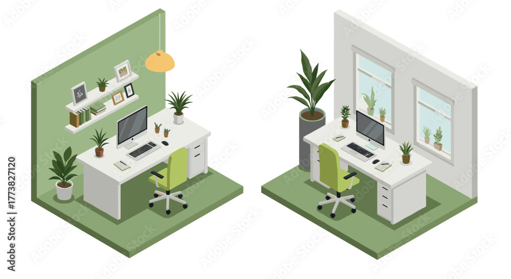 Obraz premium Modern isometric home office setups with green accents and indoor plants