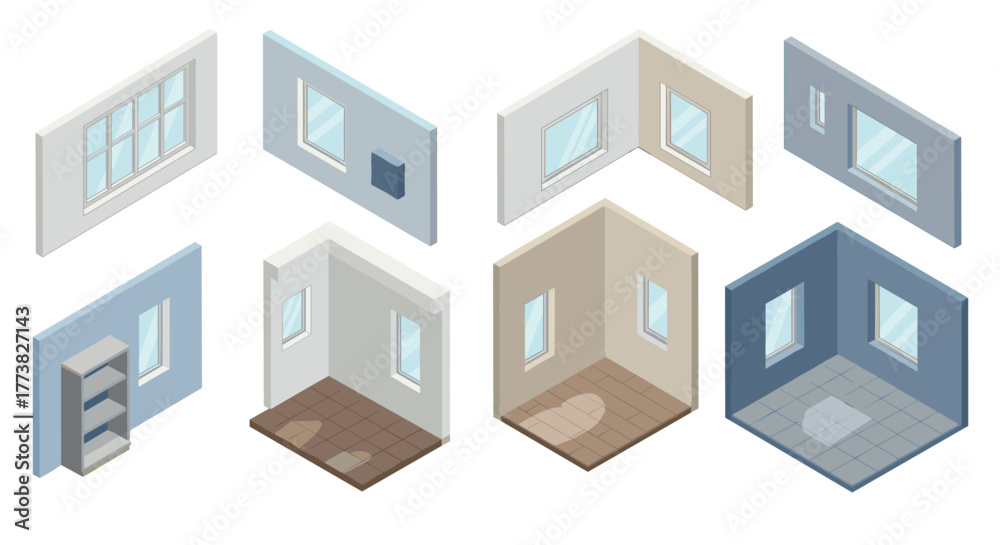 Fototapeta premium Isometric modern room interiors with windows and shelves