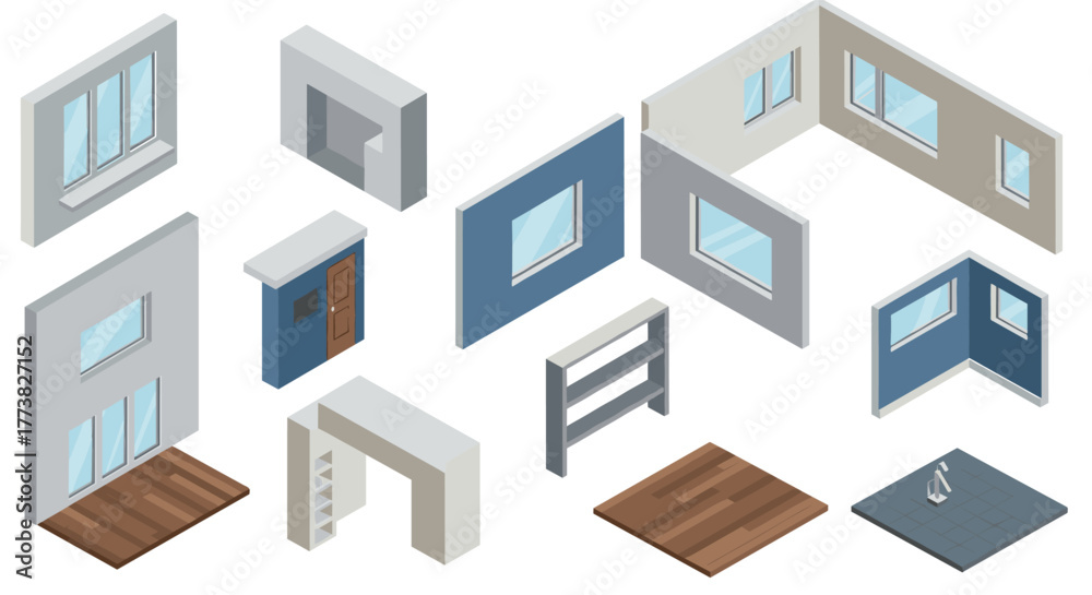 Fototapeta premium Isometric modular home design elements with windows and doors for interior planning