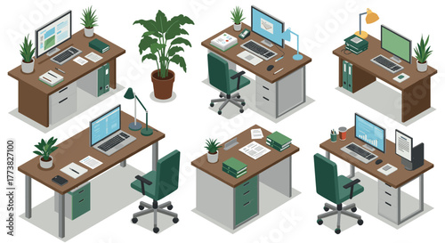 Modern isometric office desks and workstations with computers, plants, and office supplies