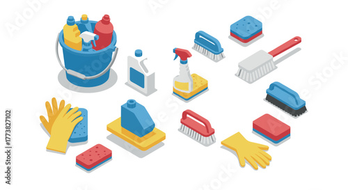 Isometric cleaning supplies brushes, sponges, gloves, and bottles in modern design
