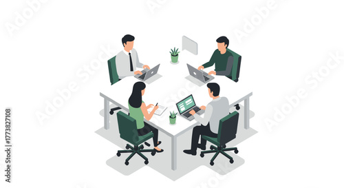 Collaborative office environment with diverse team working at desks