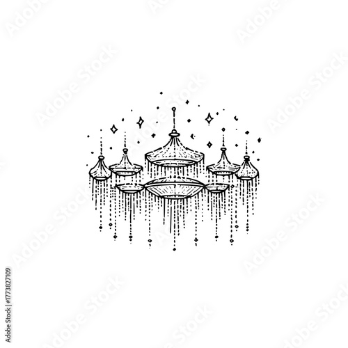 Illustration of a knight in armor riding a horse holding a spear and shield in a line art style design