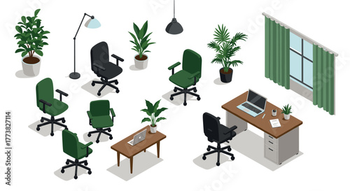 Modern office space with furniture and plants in isometric design