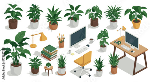 Modern home office setup with plants and desk accessories in isometric style