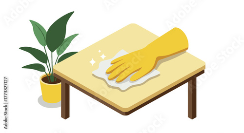 Isometric cleaning concept hand with glove wiping table near potted plant
