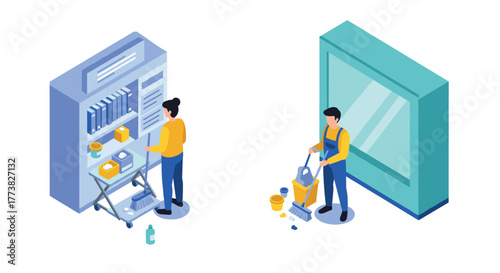 Isometric office cleaning professional janitors at work with equipment and supplies