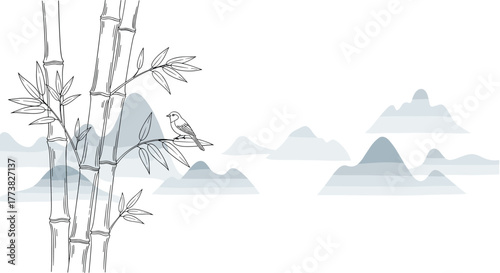 A serene and elegant illustration depicting slender bamboo stalks and delicate leaves, adorned with a small bird, set against a tranquil backdrop of misty, layered mountains in a minimalist style.