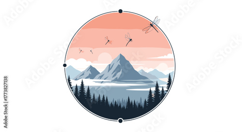A serene flat design illustration showcasing a peaceful mountain lake surrounded by a dense pine forest under a beautiful peach sunset sky, with dragonflies gracefully soaring overhead.