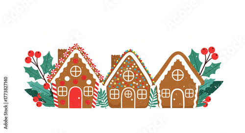 A charming illustration showcases three delightful gingerbread houses adorned with festive icing and colorful candies, flanked by vibrant holly branches with red berries, ideal for holiday designs.
