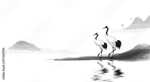 Two elegant red-crowned cranes gracefully walk along the tranquil water's edge, their forms reflected below, set against a backdrop of ethereal mountains in a classic Asian ink wash style.
