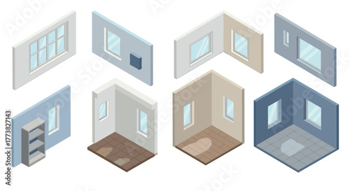 Isometric modern room interiors with windows and shelves