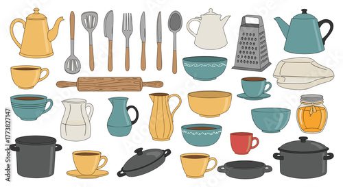 A diverse collection of essential kitchenware and cooking tools, including various pots, pans, bowls, cups, utensils, and other domestic items, arranged neatly on a white background.