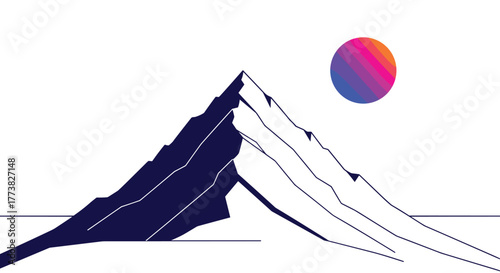 Minimalist graphic illustration of stylized mountain peaks bathed in the light of a vibrant gradient sun against a stark white background.