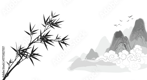 A minimalist East Asian ink painting depicting a graceful bamboo branch on the left, balanced by serene mountains, flowing clouds, and birds in flight on the right.