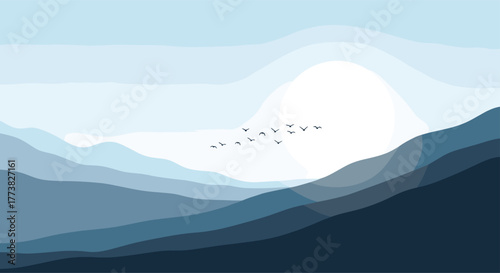A minimalist and serene blue landscape featuring layered mountains and a flock of birds flying gracefully across a bright, large sun or moon in the sky.