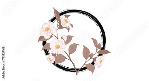 Delicate white camellia flowers and buds with sepia leaves and branches beautifully frame a black, hand-drawn enso circle, presented as a minimalist Japanese illustration on white.