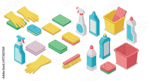 Essential cleaning supplies collection in isometric style for modern home care solutions