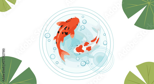 A beautiful and serene illustration features two colorful koi fish swimming gracefully in a tranquil pond, surrounded by lush green lily pads, evoking peace and harmony.