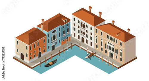 Isometric venetian canal scene with colorful historic buildings and gondolas