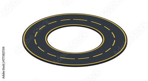 Minimalist circular road with yellow markings on white background