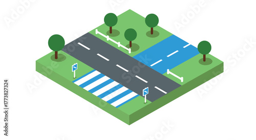Isometric road and park scene with trees, crosswalk, and fences on green landscape