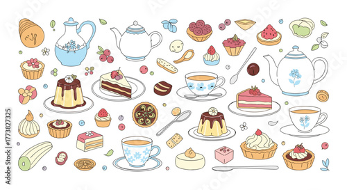 A charming collection of hand-drawn illustrations showcasing a delightful assortment of sweet treats, various pastries, elegant cakes, and whimsical tea sets, ideal for a cozy tea party.