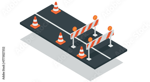 Isometric road barrier concept with traffic cones and striped barricades