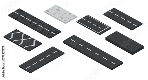 Isometric road segments set with asphalt and concrete patterns for urban design