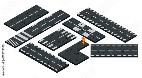 Isometric urban road set with various lane styles for city design