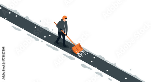 Isometric winter scene of person shoveling snow from road