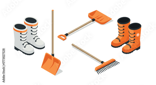 Winter equipment set with isometric snow shovels, boots, and rake for outdoor maintenance