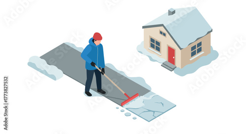 Isometric winter scene with person shoveling snow on pathway near house