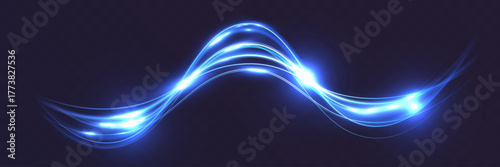 Blue glowing light waves with energy flow effect on transparent background, luminous motion lines, futuristic neon curve design element.