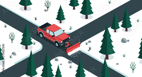 Red pickup truck with snow plow clearing forest roads in winter landscape
