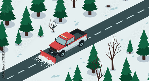 Isometric snowplow truck clearing snowy forest road in winter scene